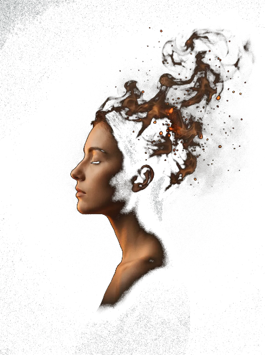 Serene profile portrait dissolving into dark mist lit by warm amber embers