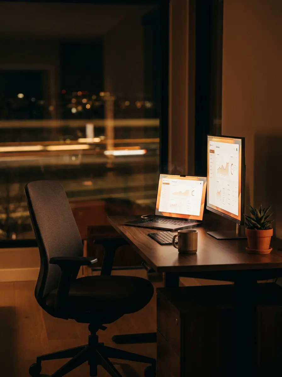 A quiet workspace at night, the dashboard glowing amber while the room is empty