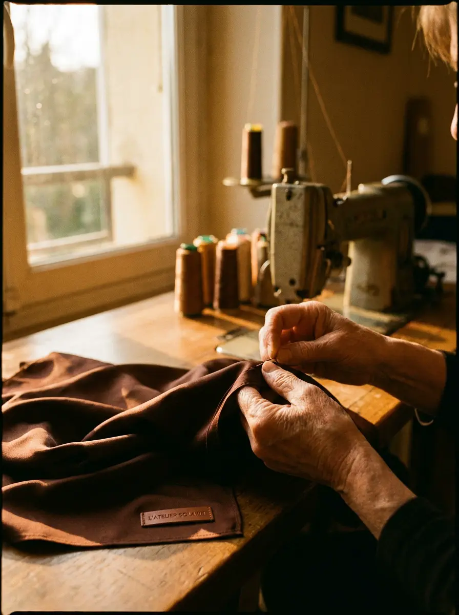 A tailor working rich fabric in a sunlit atelier