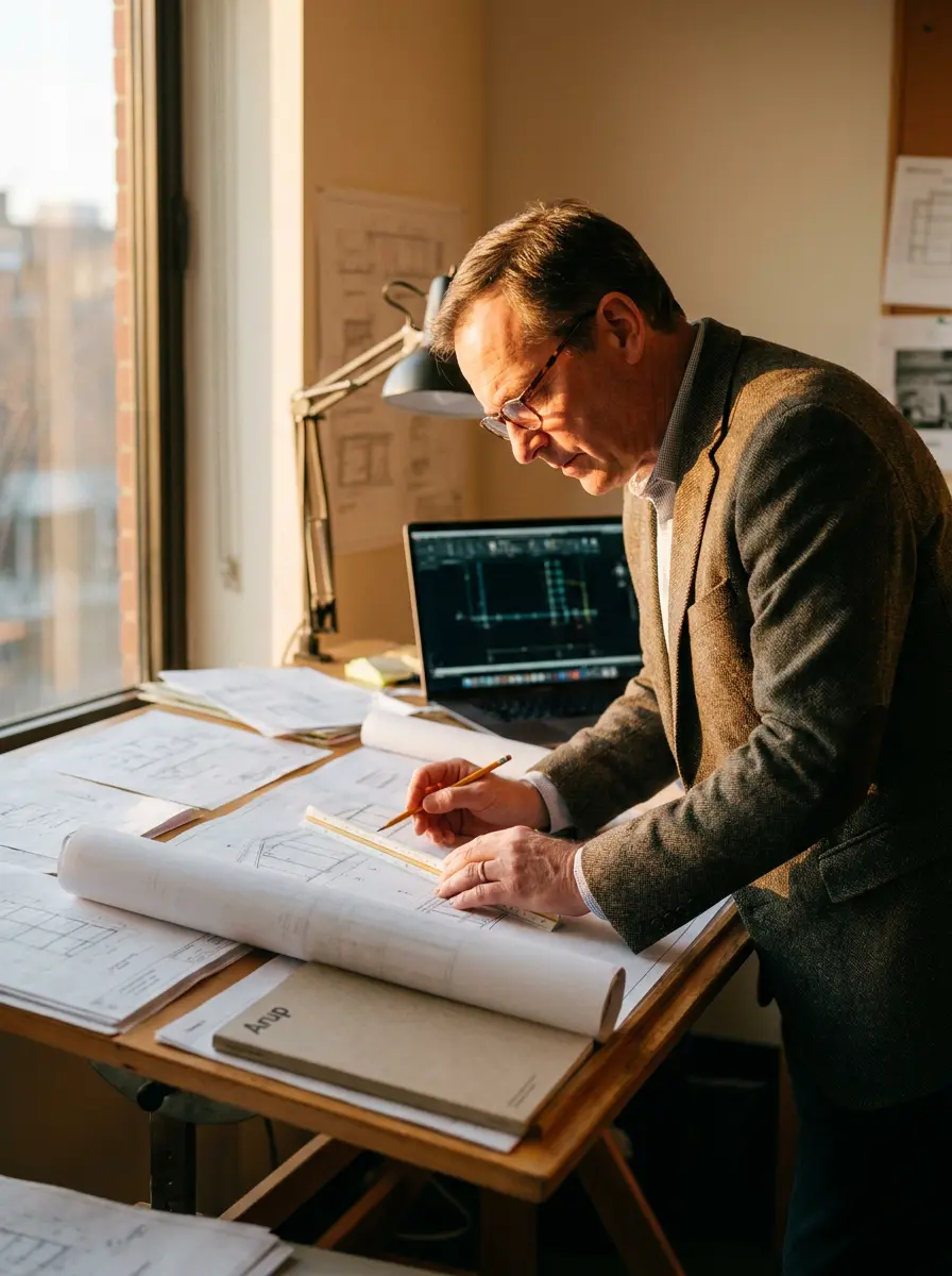 A structural engineer reviewing blueprints and CAD drawings at a drafting table