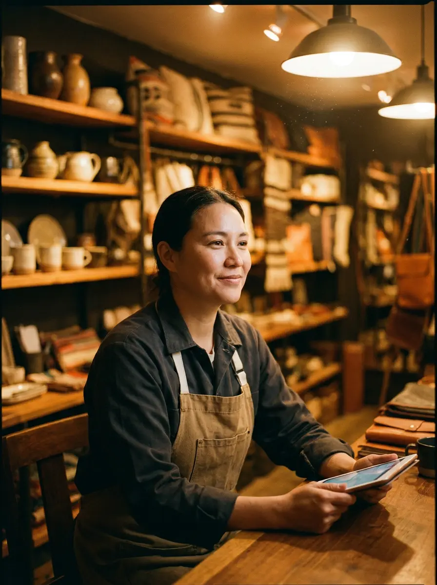 A shop owner reviewing a tablet in a warm showroom